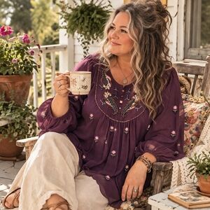 Roaman's Plum Embroidered Peasant Tunic